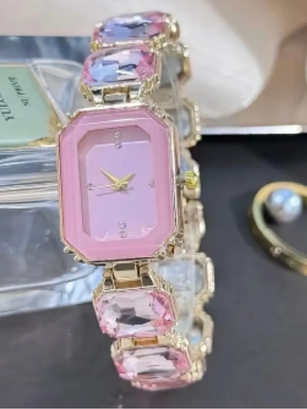 Macy's Pink and Gold Crystal Bracelet Watch